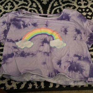 purple tie-dye cropped tee with rainbow